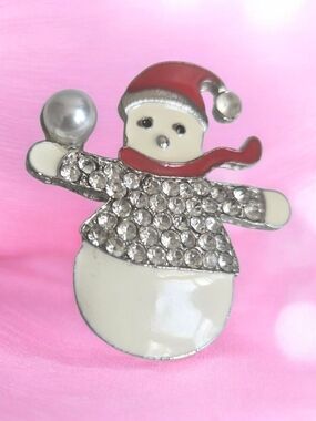 Red & White Snowman Crystal Brooch for Kids